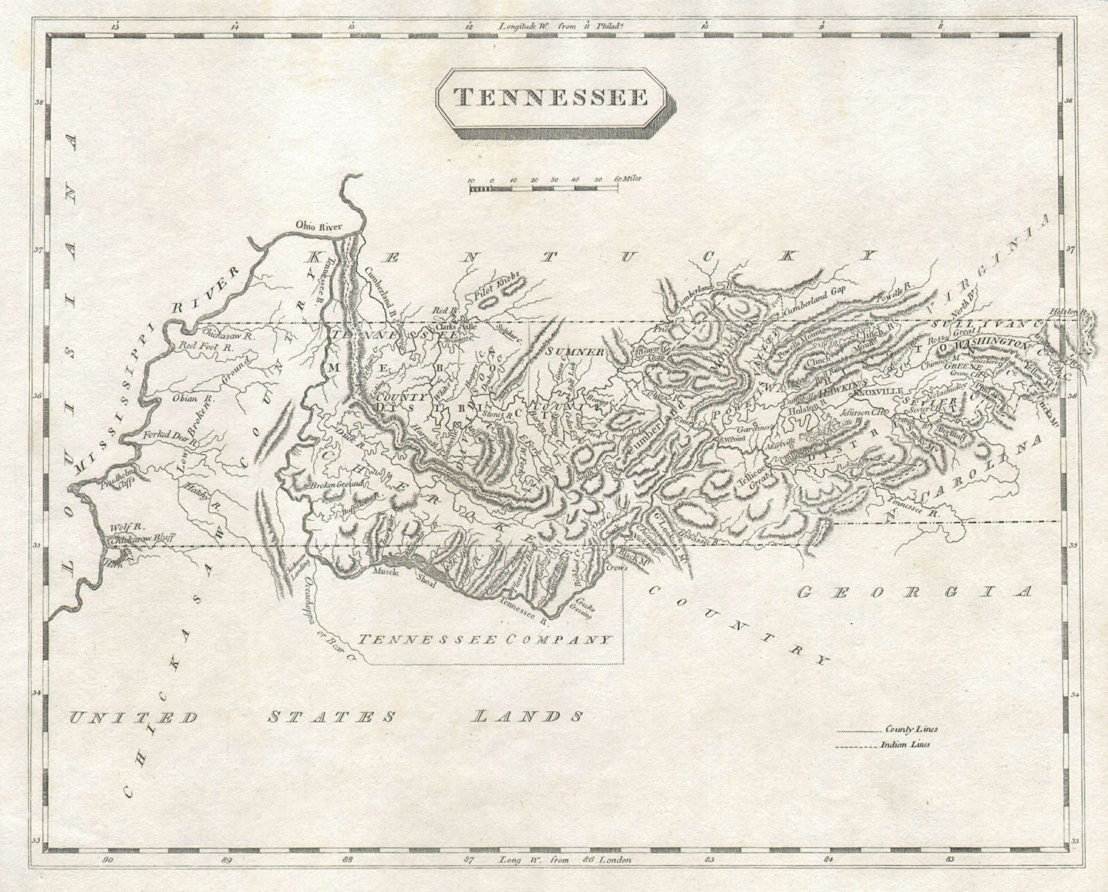 Tennessee state map by Arrowsmith & Lewis. Tennessee Company 1812 old